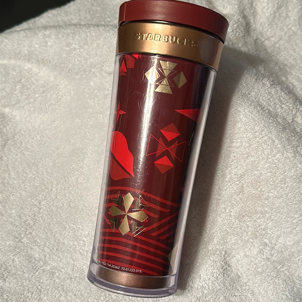 2013 STARBUCKS HOLIDAY “BELLA ROSE” 12 oz. Tumbler. Rose gold w/red colors. VGUC